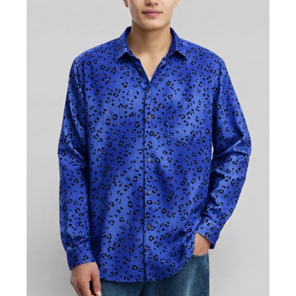 Society of Threads Cheetah Velvet Flocked Long Sleeve Men's‎ Shirt  Navy size M